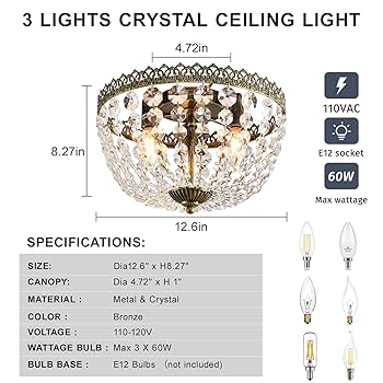 KAIQI 3 Lights French Empire K9 Crystal Flush Mount